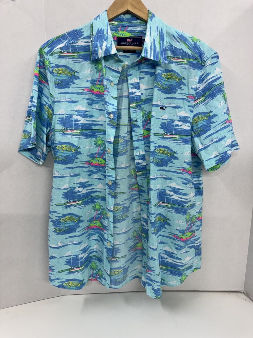 Men's Vineyard Vines Whale Shirt Size M Blue Tropical with Fish
